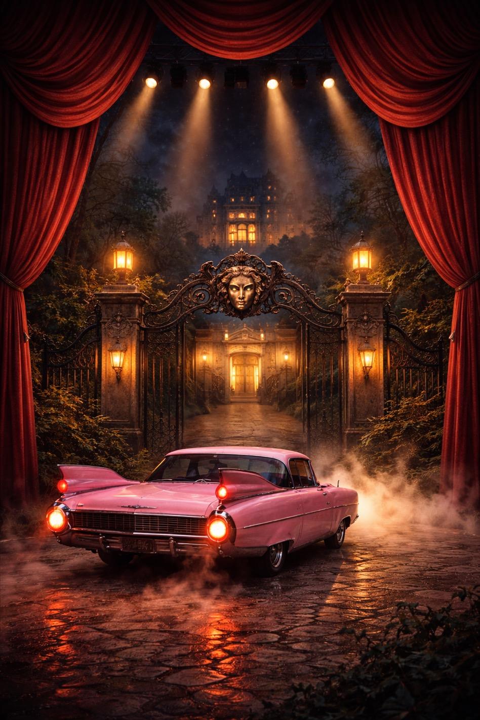 Prolog scene — a pink vintage car arriving at the illuminated gates of Hotel Macdonald Forest Hills
